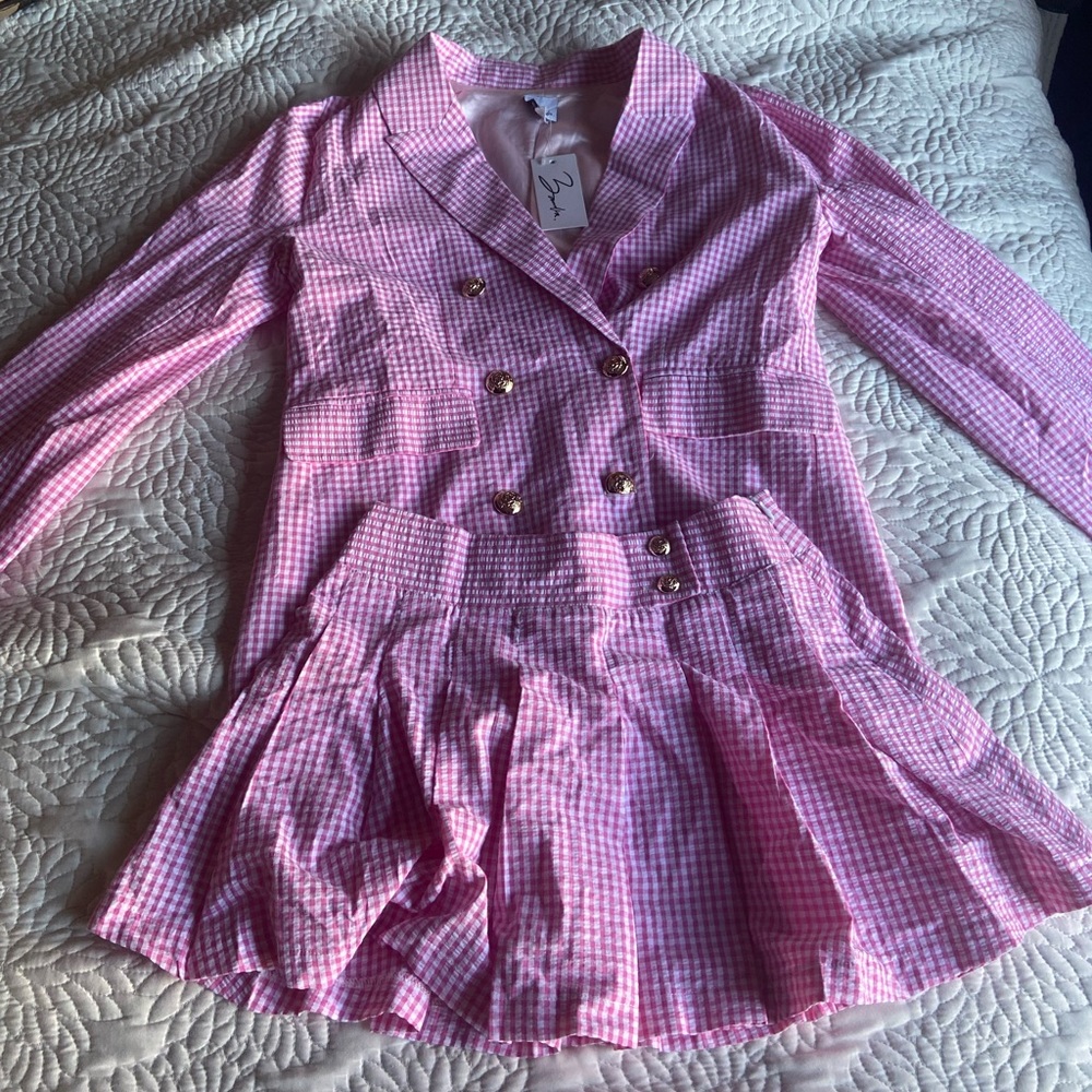 Pink Plaid Blazer & Skirt Set